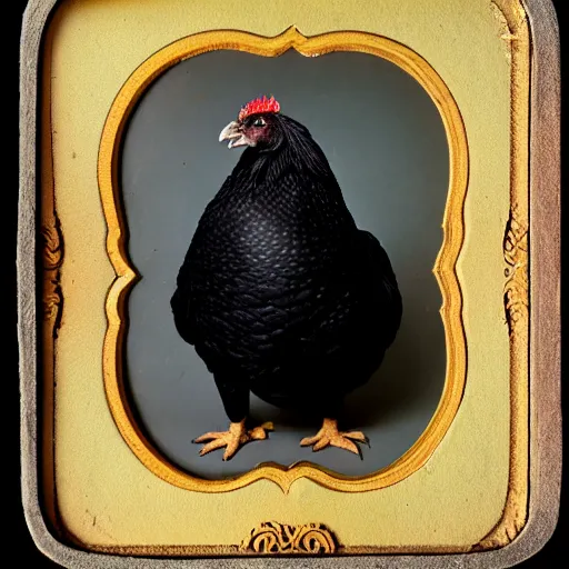 Prompt: Tintype photograph of chonky black chicken as an overweight subject. 1990s studio lighting.