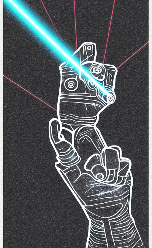 Image similar to “ hand in glove holding laser gun from the side, geometric, retro, digital art, award winning ”