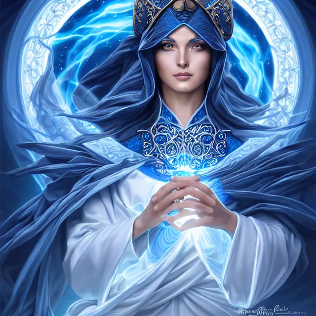 Prompt: beautiful!! elemental sky witch with intricate ornate blue and white robes and sky powers artgerm anne stokes highly detailed 8 k hdr smooth sharp focus high resolution award - winning photo photorealistic