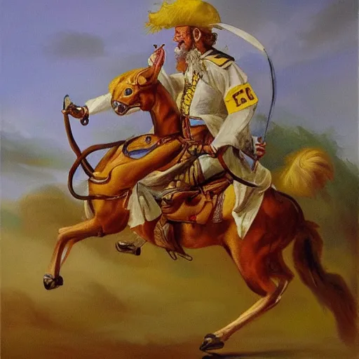 Image similar to masterful, high quality oil painting of a yellow cat dressed as don quixote, fighting giants