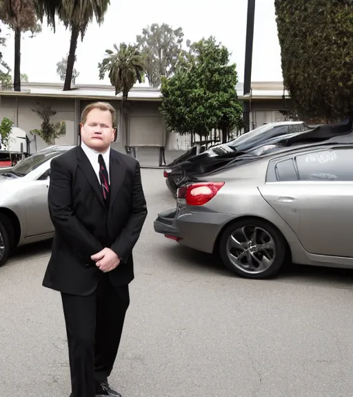 Image similar to Andy Richter is dressed in a black suit and a red necktie and riding a motorcycle into a studio lot. The studio lot is filled with Soundstages and movie trailers. It is a bright afternoon and overcast.