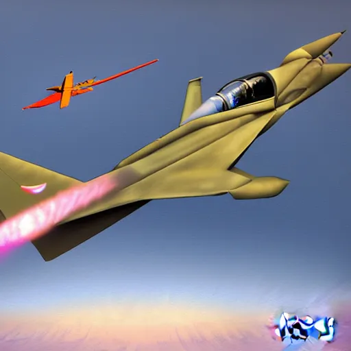 Prompt: a detailed digital art painting of a trex smiling fighter jet plane flying in the air
