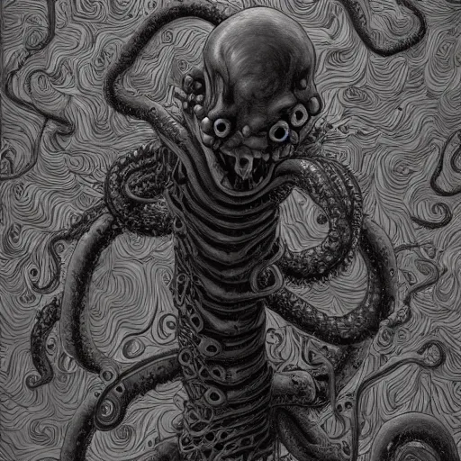 Image similar to full body shot of a man with a tentacle arms by junji ito and james jean and esao andrews, 4 k, hyperdetailed, hyperrealistic, trending on artstation, pencil art on paper, horror, dramatic lighting