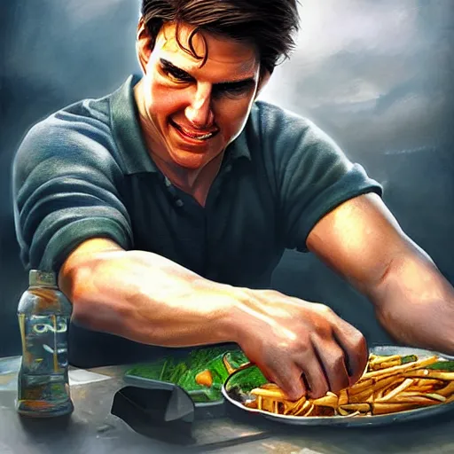 Image similar to tom cruise planting fries, digital art, highly - detailed, artstation cgsociety masterpiece