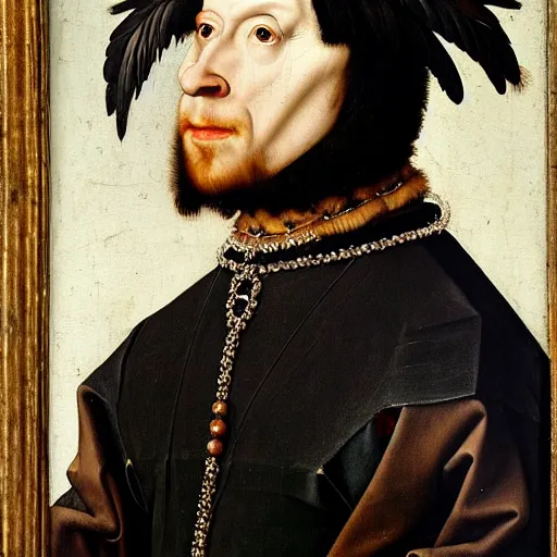 Image similar to a highly detailed renaissance oil painting of an anthropomorphic raven dressed in elegant tudor clothes by hans holbein