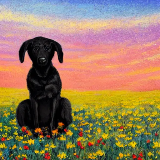 Image similar to a pregnant east african woman with her black puppy in a vast field of flowers, looking off into the sunset, relaxing, wide shot, golden hour, vintage, impressionist painting, fine art, oil painting, dreamy, pastel, laughing, happy, intricate details, sharp, peaceful, serene