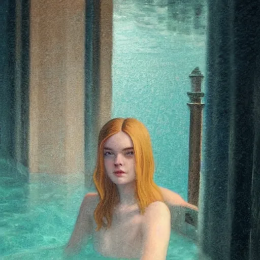 Image similar to Elle Fanning submerged in a pool at night in the world of Edward Hopper, stormy weather, streetlights, extremely detailed masterpiece, oil on canvas, low-key neon lighting, artstation, Blade Runner 2049, Roger Deakin’s cinematography, by J. C. Leyendecker and Peter Paul Rubens,