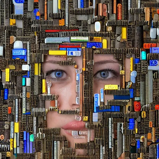 Image similar to a photo portrait of female android created from empty beer bottles and cardboard boxes. symmetry, awesome exposition, scifi, very detailed, highly accurate, professional lighting diffracted lightrays, 8 k, sense of awe