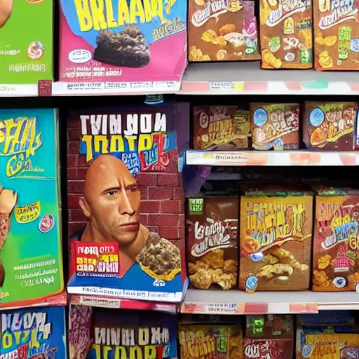 Prompt: dwayne the rock johnson breakfast cereal boxes on store shelf