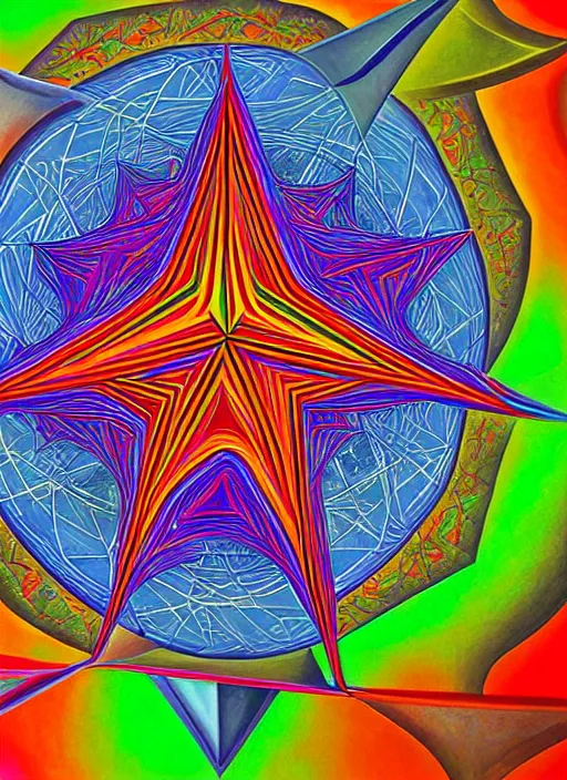 Prompt: star tetrahedron, psychedelic art, ray tracing, alex grey