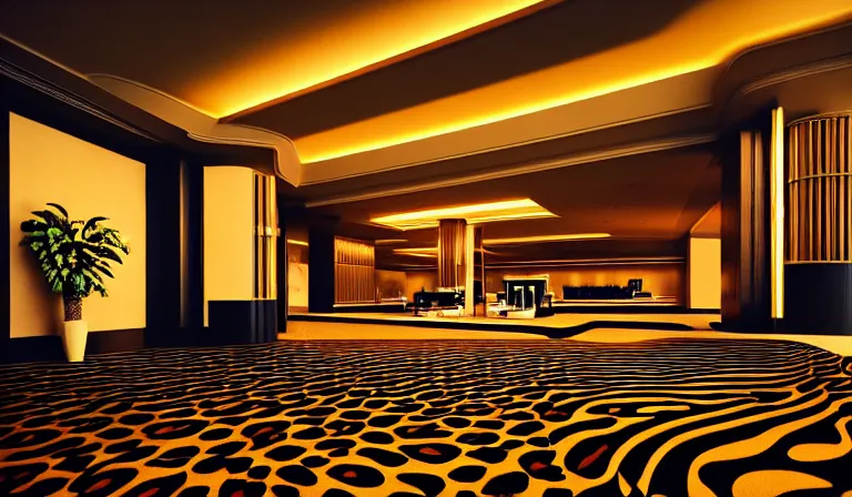 Image similar to a beautiful, sharp focus, clean lines. the interior of a vast 1 9 7 0 s luxury hotel lobby. leopard print. vaporwave ombre rendering. outrun style. trending on artstation. recommended for you behance. wes anderson colors. by chris moore. by edward hopper. ambient occlusion. digital matte painting. metropolis filmic. gotham city.