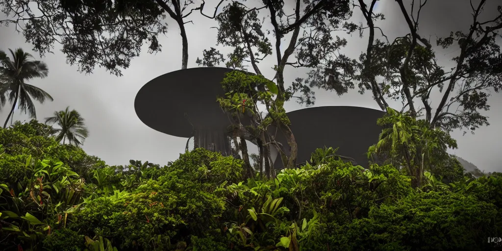 Prompt: atomic mushroom cloud over a Hawaiian villa in the middle of an tropical forest, ominous Sky, gloomy atmosphere, cinematic, mist, High definition, 8k, ultra detailed