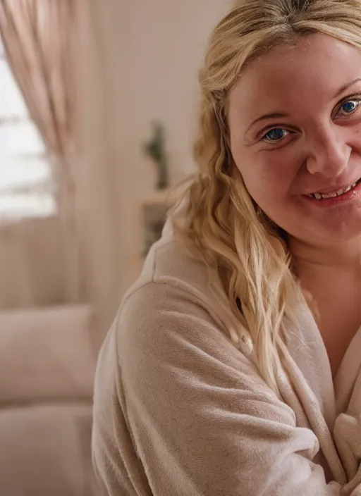 Image similar to homely but adorable blonde woman, slightly chubby, scar across left cheek, wearyworn but optimistic expression, wearing beige pajamas and robes