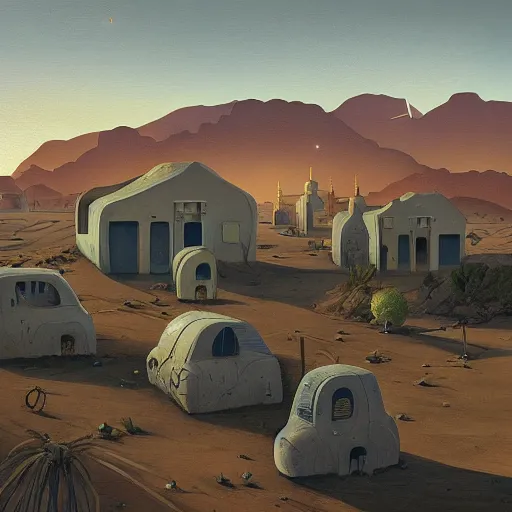 Prompt: a beautiful painting of a village in the desert, white houses, two suns, by simon stalenhag