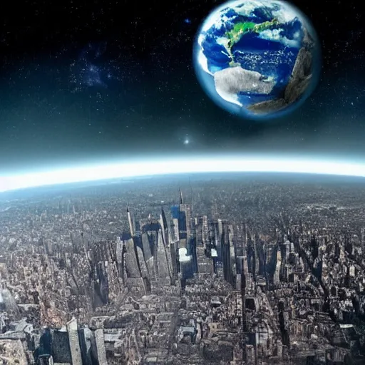 Prompt: a destitute image of earth in the year 3489 but the earth has been ravaged by a huge meteor collision of a super advanced new york city, hyper realistic, futuristic, city scape, bleak