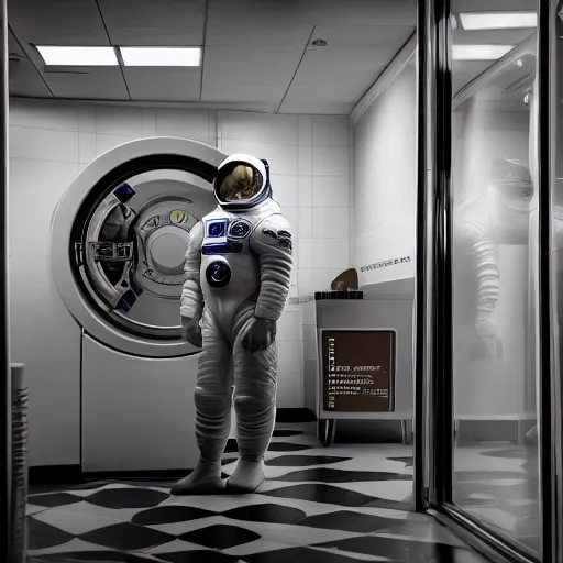 Prompt: a beautiful photo of an astronaut waiting in a laundromat, soft light, morning light, photorealistic, realistic, octane, 8k, cinematic shot