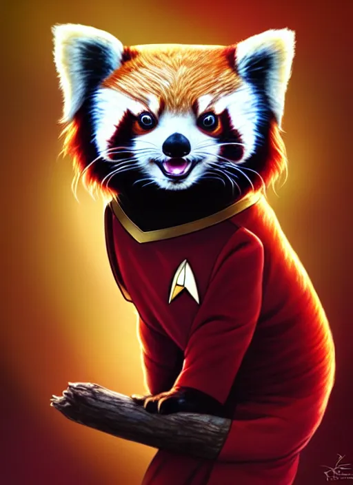 Image similar to cute star trek officer red panda, natural lighting, path traced, highly detailed, high quality, digital painting, by don bluth and ross tran and studio ghibli and alphonse mucha, artgerm