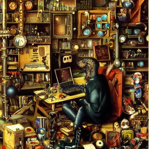 Image similar to goth guy sitting at computer in cluttered room, by michael hutter, aesthetic!!!, detailed, realistic, hyper realism, small details, goth aesthetic,