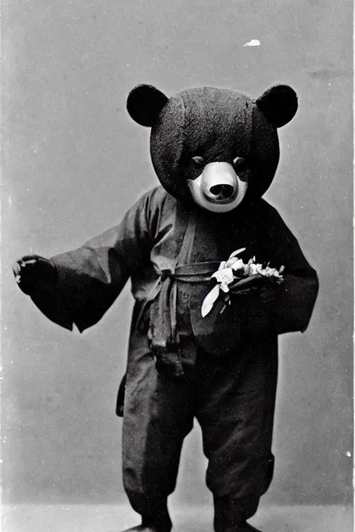 Image similar to anthropomorphic asian black bear in traditional Japanese mens clothing, 1900s photo