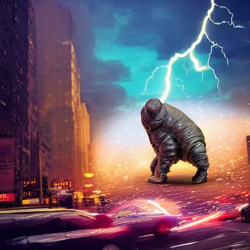 Image similar to tardigrade attacking new york, dramatic lightning, golden hour, cinematic