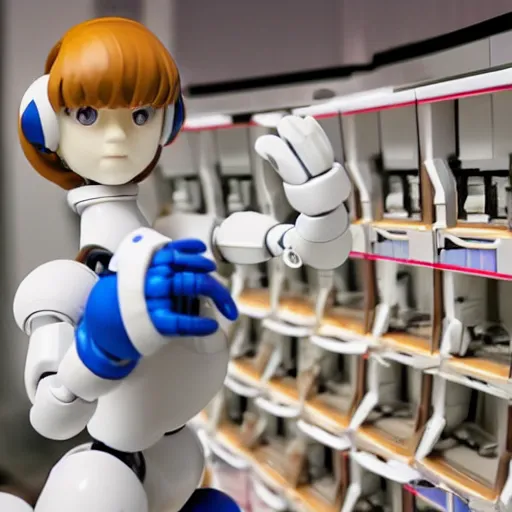 Image similar to photo of figma figures inside a diorama of a laboratory : : a cute humanoid female ball - jointed long - haired robot in the style of mega man is repairing computers, with companion robots.