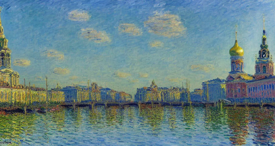 Prompt: landspace painting of a st. petersburg in russia by claude monet