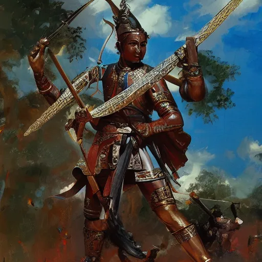 Prompt: statue of a 1 8 th century burmese warrior, john berkey, beautiful digital art, trending on artstation