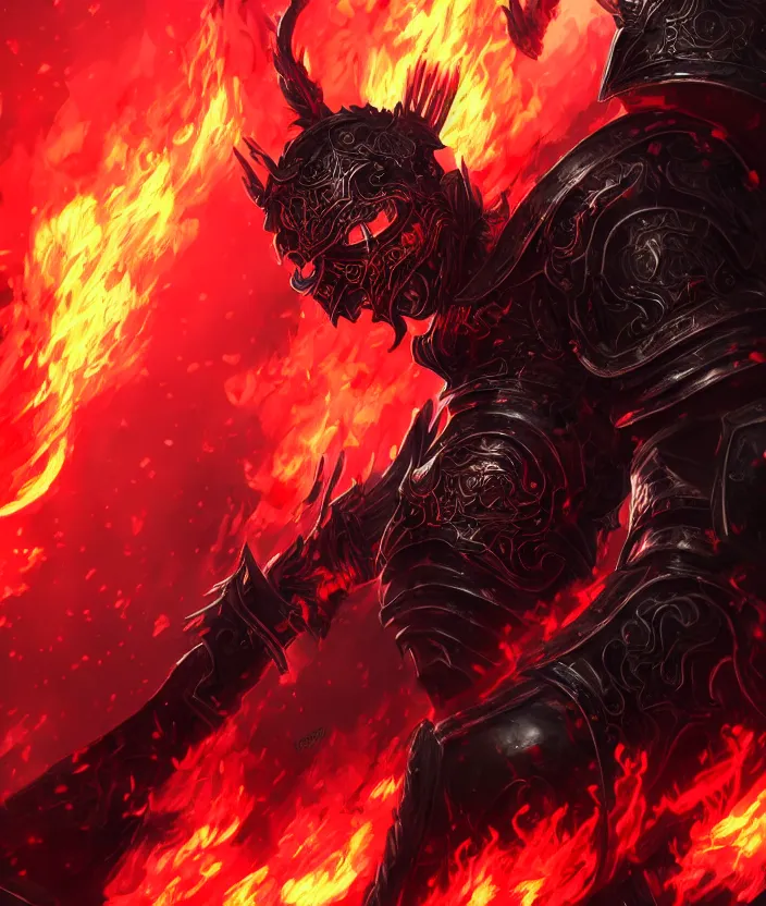 Image similar to a detailed manga character illustration of a dark warrior in black plated armour surrounded by red flames, trending on artstation, digital art, 4 k resolution, detailed, octane render, high quality, sharp focus, hq artwork, insane detail, concept art, character concept, character illustration, full body illustration