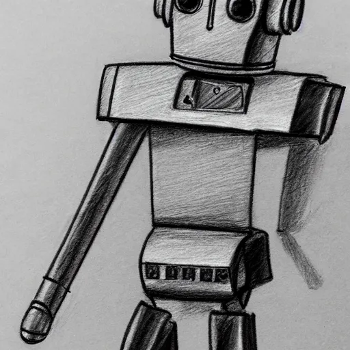 Prompt: pencil sketch of a awkard robot with joints that creak and a triangular head with 2 antenna