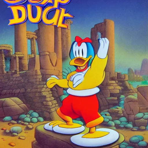 Prompt: donald duck, in a lost ancient city, by carl barks, atmospheric lights