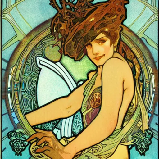Prompt: Metroid by Alphonse Mucha, high detail, peaceful colors, tarot card