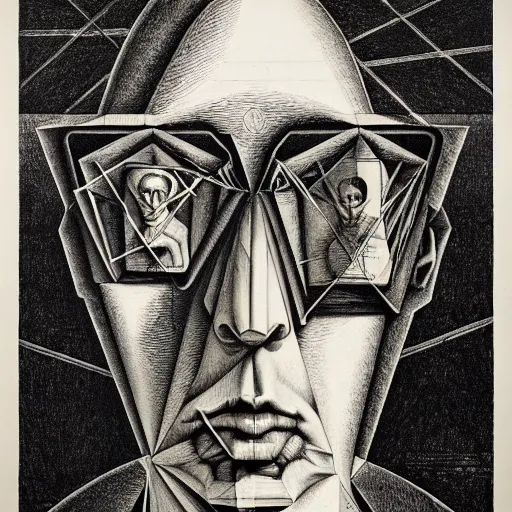 Image similar to alchemy lithography on paper conceptual figurative ( post - morden ) monumental dynamic portrait drawn by escher and hogarth and francis bacon, inspired by goya, illusion surreal art, highly conceptual figurative art, intricate detailed illustration, controversial poster art, polish poster art, geometrical drawings, no blur