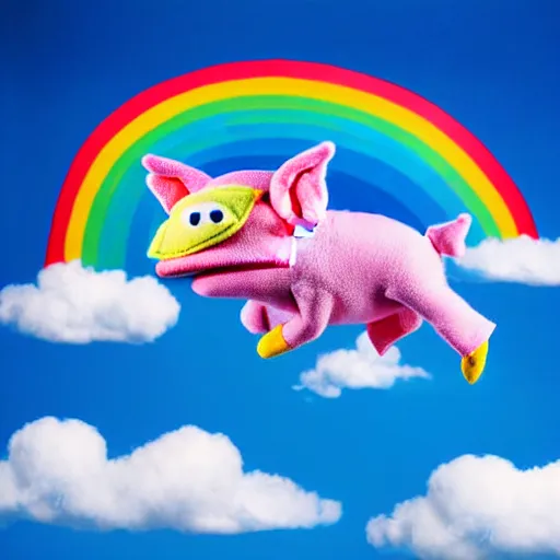 Image similar to studio photograph of a flying pig with wings depicted as a muppet in a blue sky with cotton ball clouds and rainbows