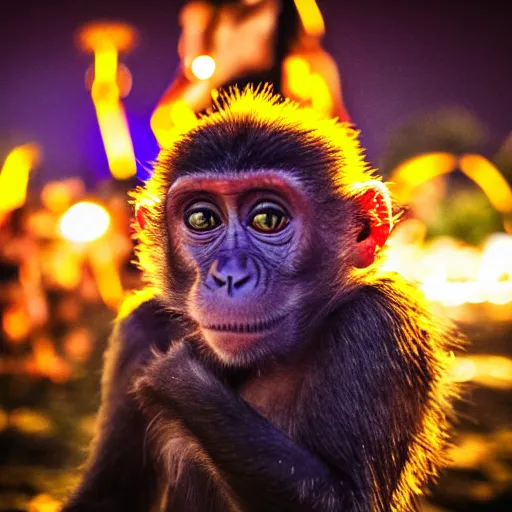 Prompt: A monkey at ozora festival by night