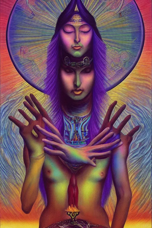 Image similar to mystic cult girl performing third eye ritual, expanding energy into waves into the ethos, epic surrealism oil paint, post modernist layering, by Ernst Fuchs, John Howe highly detailed