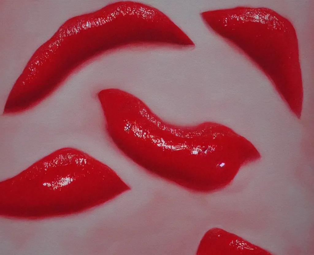 Prompt: realistic and detailed soft airbrush of a glossy scarlet red mouth on white background, inspired by 8 0's airbrush illustrations, art by pater sato