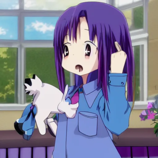 Prompt: anime screenshot of a female character with purple long hair and a small pet