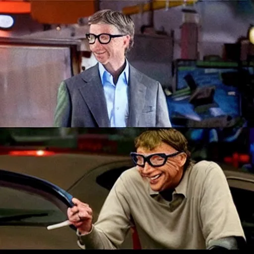 Image similar to bill gates as the joker from batman in an action scene in fast & furious, action shot from the movie fast & furious