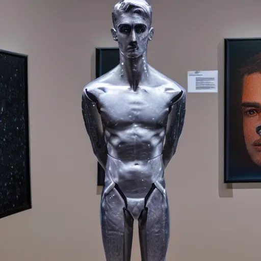 Image similar to a realistic detailed photo of a guy who is an attractive humanoid who is half robot and half humanoid, who is a male android, twitch streamer ninja tyler blevins, shiny skin, posing like a statue, blank stare, at the museum, on display