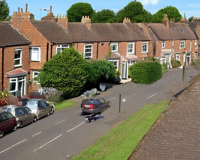 Prompt: view of a suburban british street from an upstairs window, sunny day, cars parked, 2006 photograph, colour