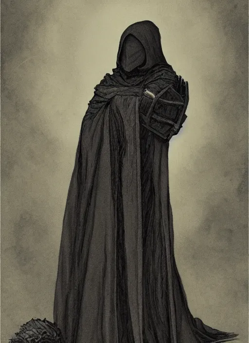 Image similar to fineart illustration of the necromancer wearing a black cloak, hyper detailed, crisp