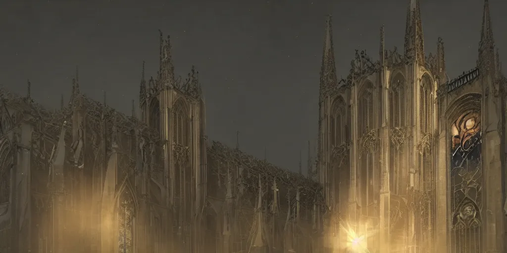 Image similar to a huge delicate metal Sundial in the moonlight, Behind the tall and delicate gothic church at night, with ghosts floating in the foreground, light through the mist, dramatic lighting, photorealistic, cinematic lighting, high detail, cinematic feel, high octane, 4K, Unreal Engine, digital render, intricate, ultra realistic