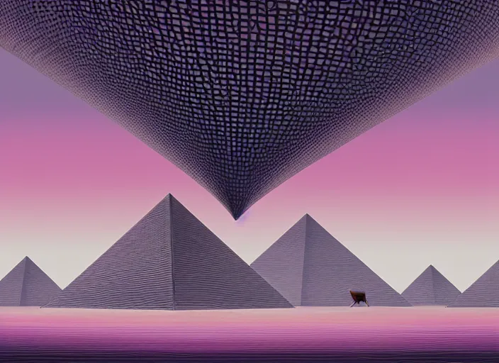 Prompt: Intricate, detailed, curving, swirling sheet music. Enormous, inflatable flying pig in the style of Pink Floyd Animals lp cover. A glass pyramid prism rendered in Unreal Engine, faded grey muted wash of distant pastel colors. By Storm Thorgerson. Cryengine, Raytracing, Psychedelic.