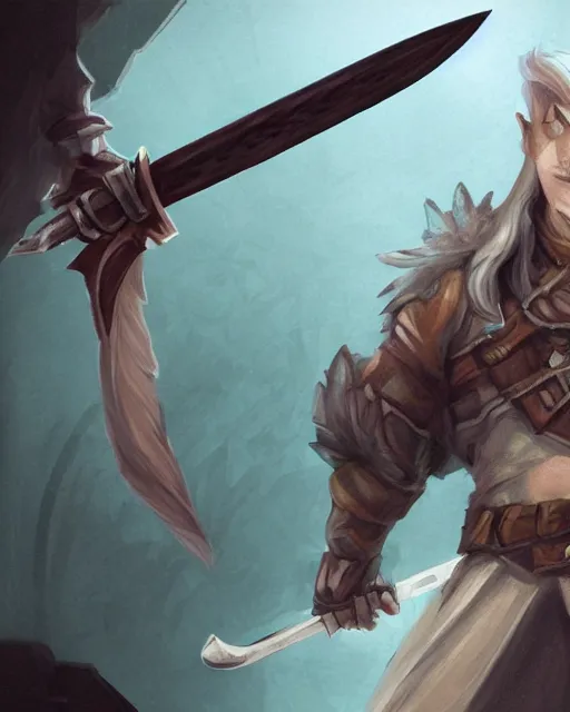 Image similar to a concept art of a D&D character, holding a sword made by Donutello