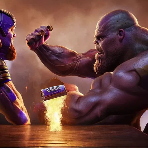 Prompt: hyperrealistic mixed media image of Thor arm wrestling Thanos smoking a cigar at an arm wrestling championship, crowd cheering in the background, in the style of Over The Top movie, stunning 3d render inspired art by István Sándorfi and Greg Rutkowski, perfect facial symmetry, realistic, highly detailed attributes and atmosphere, dim volumetric cinematic lighting, 8k octane extremely hyper-detailed render, post-processing, masterpiece,