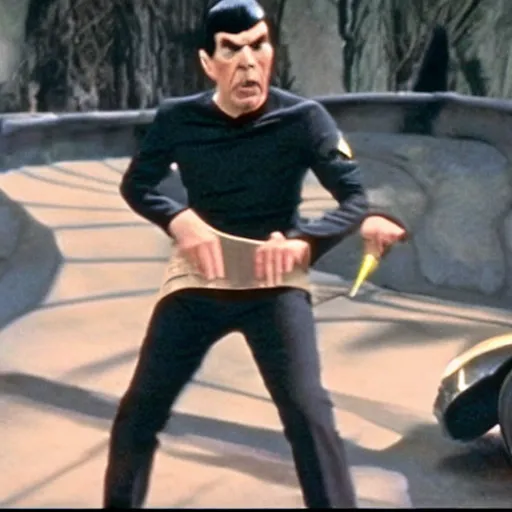 Prompt: A screenshot of Spock in a slapstick movie, action shot