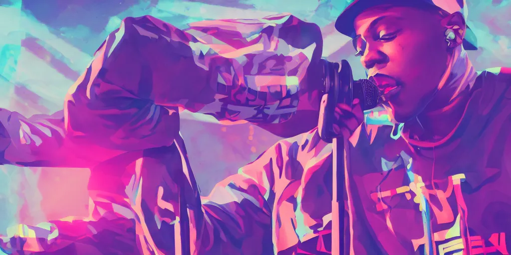 Image similar to rapper performing at huge festival holding microphone, epic angle, digital art, vapor wave, hip hop, trending on Artstation, professional artist, detailed, 4k