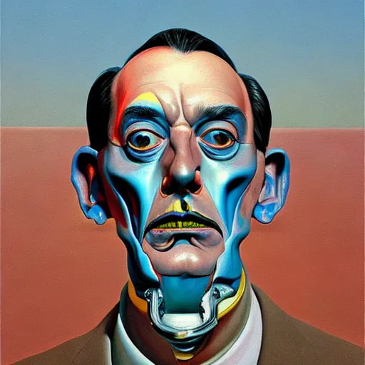 Image similar to Salvador dali portrait half face robot,highly detailed, very coherent, painted by Francis Bacon and Edward Hopper, Wayne Barlowe, painted by James Gilleard, surrealism, airbrush, art by JamesJean