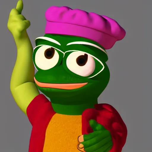 Image similar to a 3 d render of a pepe dressed in hippie clothes