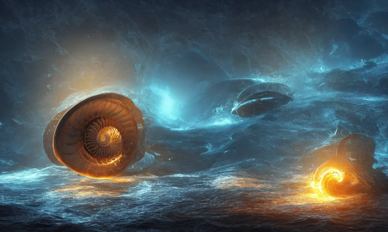 Prompt: A surreal and ethereal magical landscape with a nautilus in the foreground, energy flows of water and fire, translucent, a highly detailed epic cinematic concept art CG render, made in Maya, Blender and Photoshop, octane render, excellent composition, surreal, dream like, by Ekaterina Savic